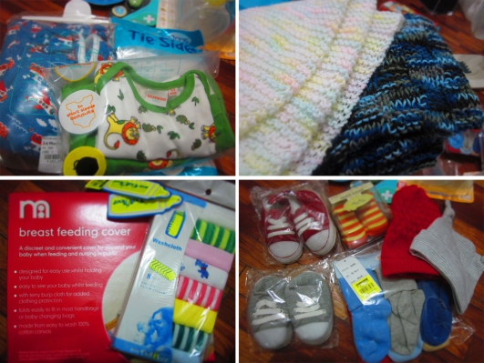 cute clothes and baby blankets and breasfeeding cover and socks, lots of socks